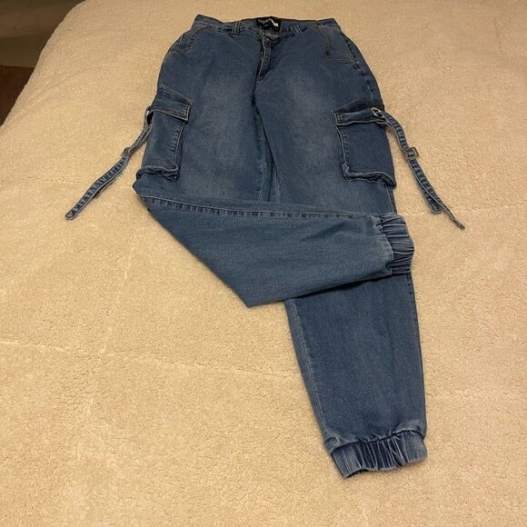 Cargo Style Denim Jogger Pants With Elastic Cuffs & Side Pockets By Fashion Nova - Picture 1 of 7